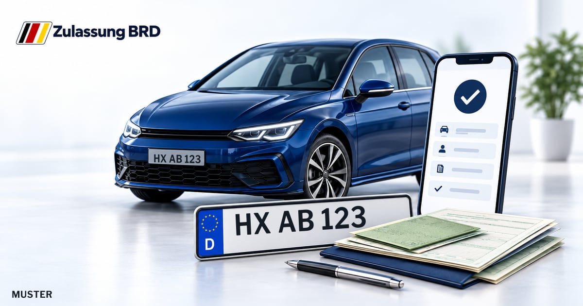 Online Fahrzeugzulassung in Landkreis Höxter: Musterkennzeichen HX AB 123, Auto und Fahrzeugpapiere und Smartphone. Illustration mit Logo von Zulassung BRD.